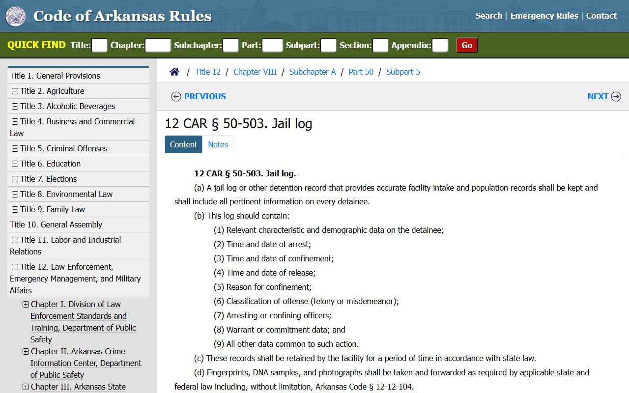 Arkansas jail-log rule for Little River County inmate records